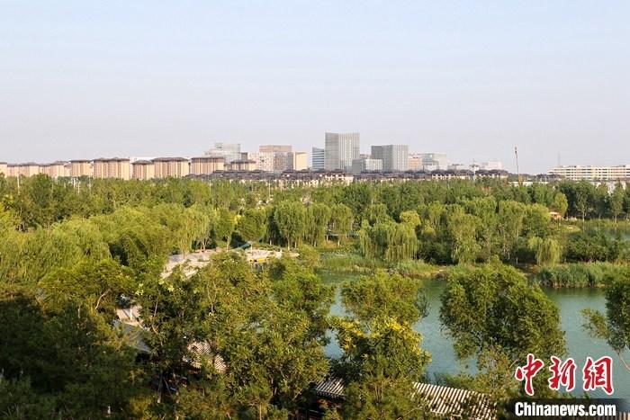 從完成頂層設(shè)計(jì)到如火如荼大規(guī)模建設(shè)，六年來，雄安新區(qū)如春天的竹子一般拔節(jié)生長(zhǎng)，這座承載千年大計(jì)的“未來之城”已雄姿初顯。從“一張白紙”開始著墨，如今的雄安新區(qū)已是濃墨重彩的“山水畫”。<a target='_blank' href='/'>中新社</a>記者近日走訪了雄安新區(qū)多地，從“藍(lán)綠金”三色感受這座“未來之城”的巨大變化。圖為7月18日拍攝的河北雄安新區(qū)金湖公園。 <a target='_blank' href='/'>中新社</a>記者 易海菲 攝