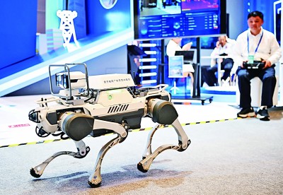  網(wǎng)絡(luò)安全博覽會上的企業(yè)展示電網(wǎng)巡線機器狗。新華社記者 鄧華攝